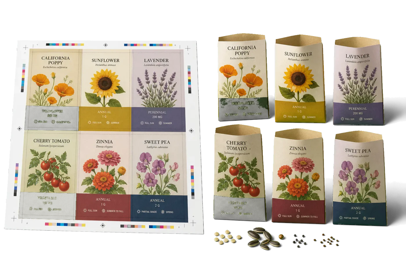 Seed Packets (6-Up) realistic print production example