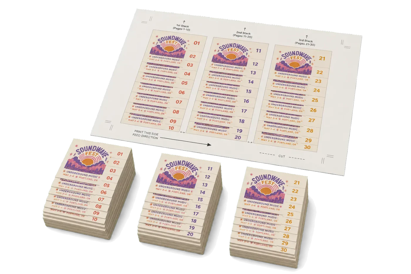Shingled 3-Up (Cut & Stack) imposed sheet and finished print example