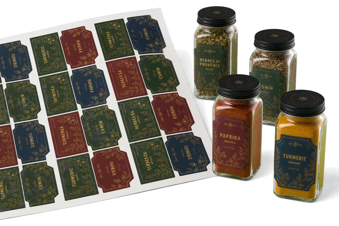 Spice Labels (Nested) imposed sheet and finished print example