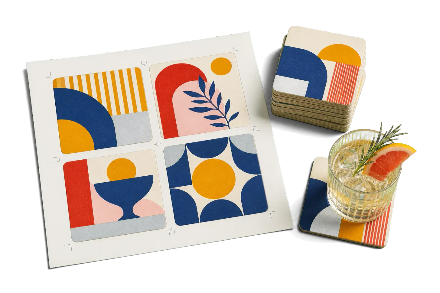 Square Coasters (4-Up) imposed sheet and finished print example