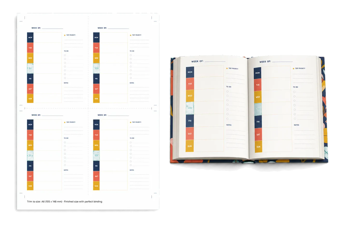 Student Planner (4-Up) imposed sheet and finished print example