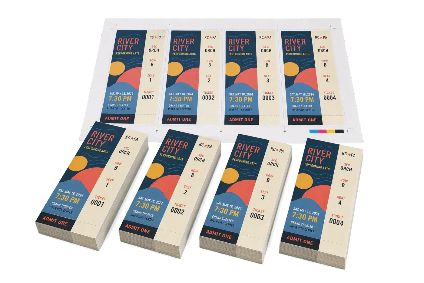 4-Up Ticket Strips realistic print production example