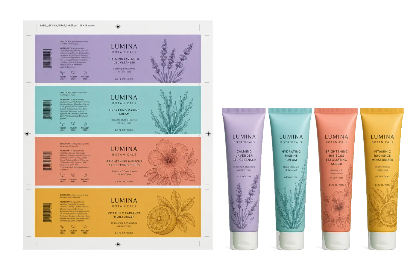 Tube Label Wrap (4-Up) realistic print production example