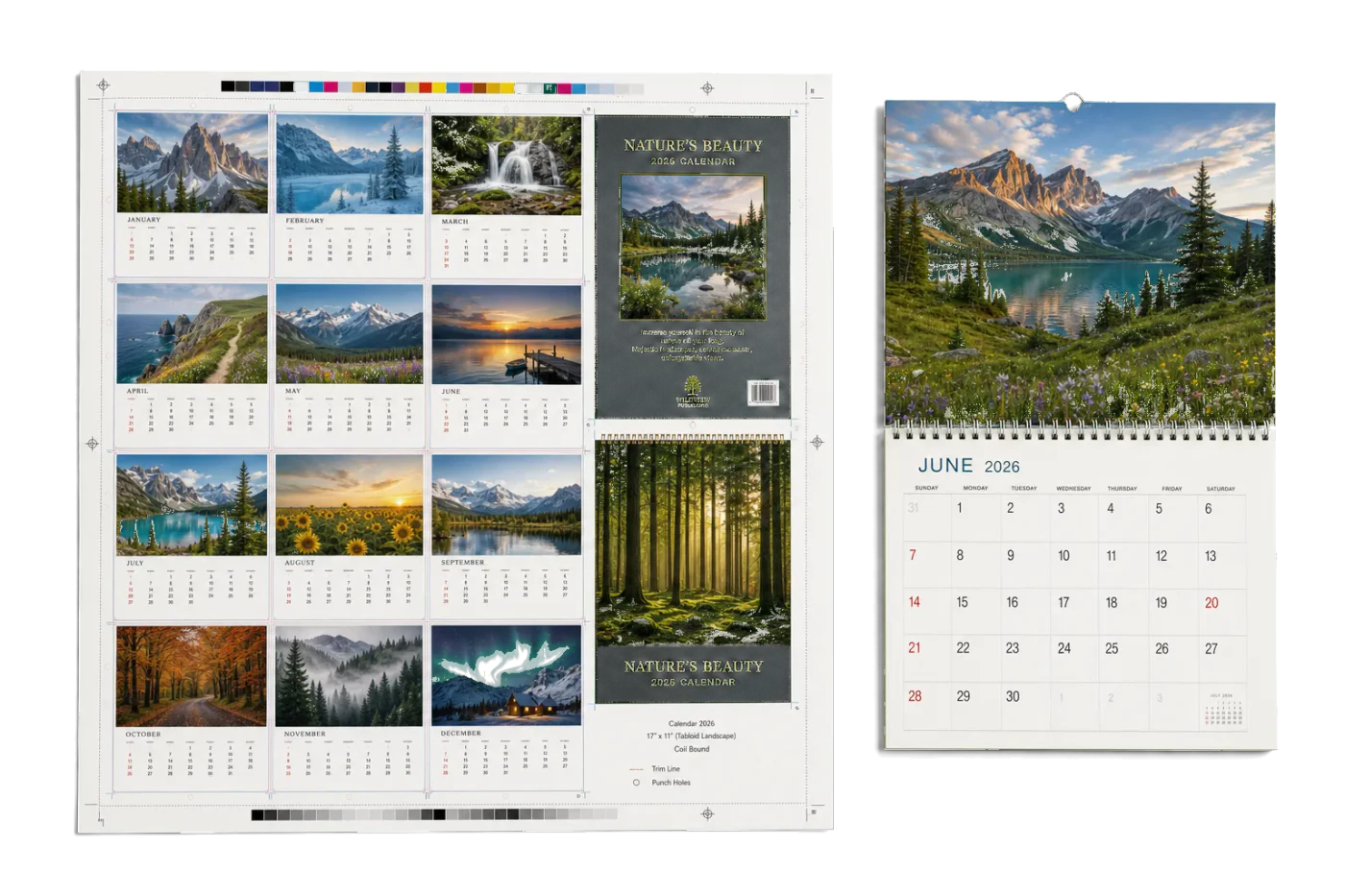 Landscape Wall Calendar imposed sheet and finished print example