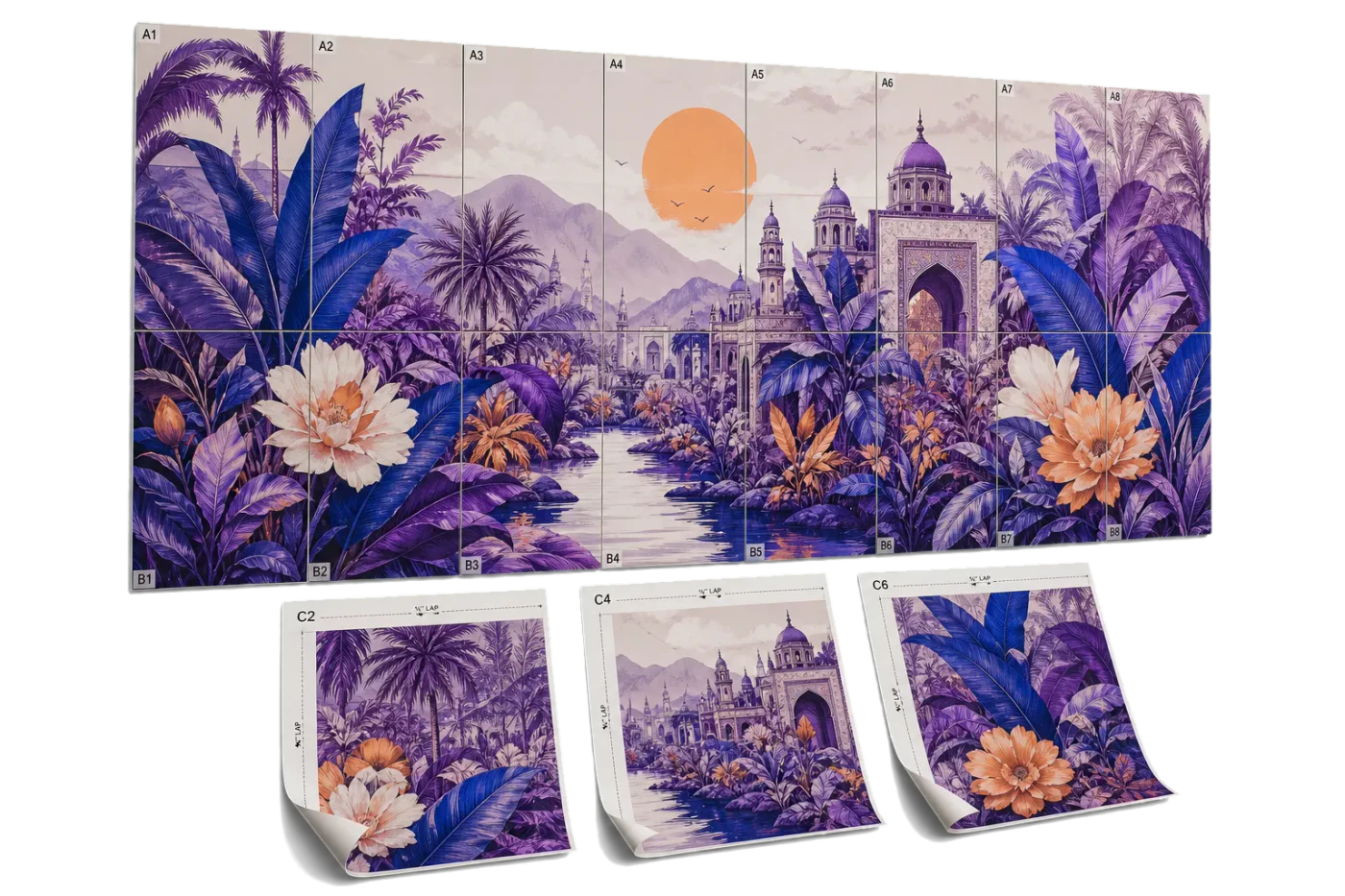 Wall Mural Tiles with 12 mm Overlap imposed sheet and finished print example