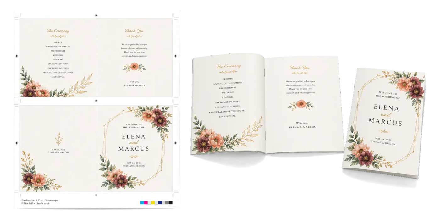 Wedding Program imposed sheet and finished print example
