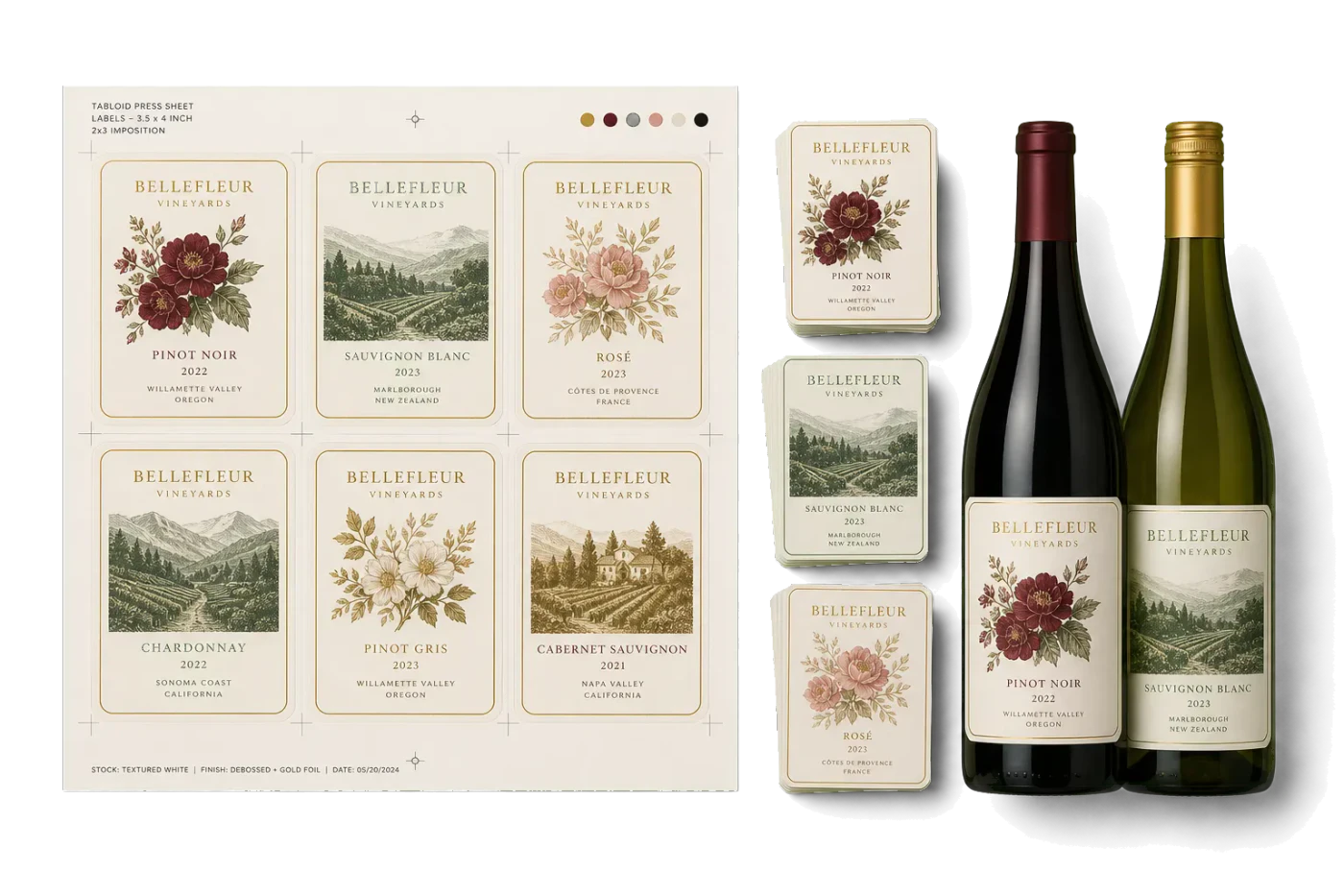 Wine Bottle Label 6-Up realistic print production example